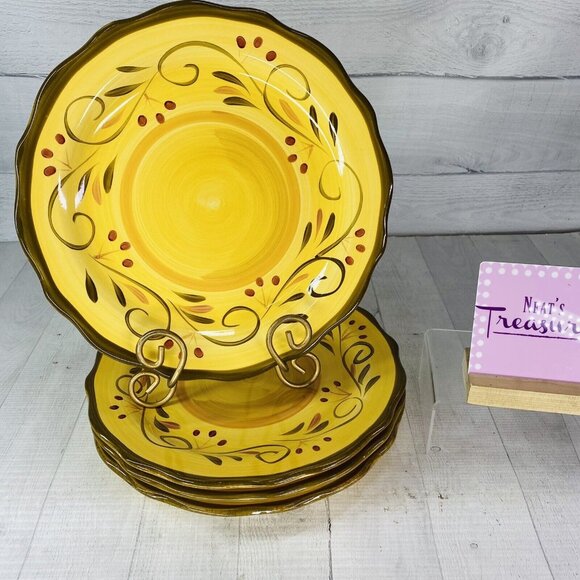 Home Trends ITALIAN VILLA Berry Scroll Yellow Green Stoneware Dinner Plate Set 4 - Picture 1 of 16